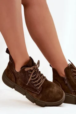 Clearance Zamszowe Niskie Botki Damskie Na Platformie Big Star SS274595 Brązowe Damskie Botki Ocieplane|Damskie Trapery