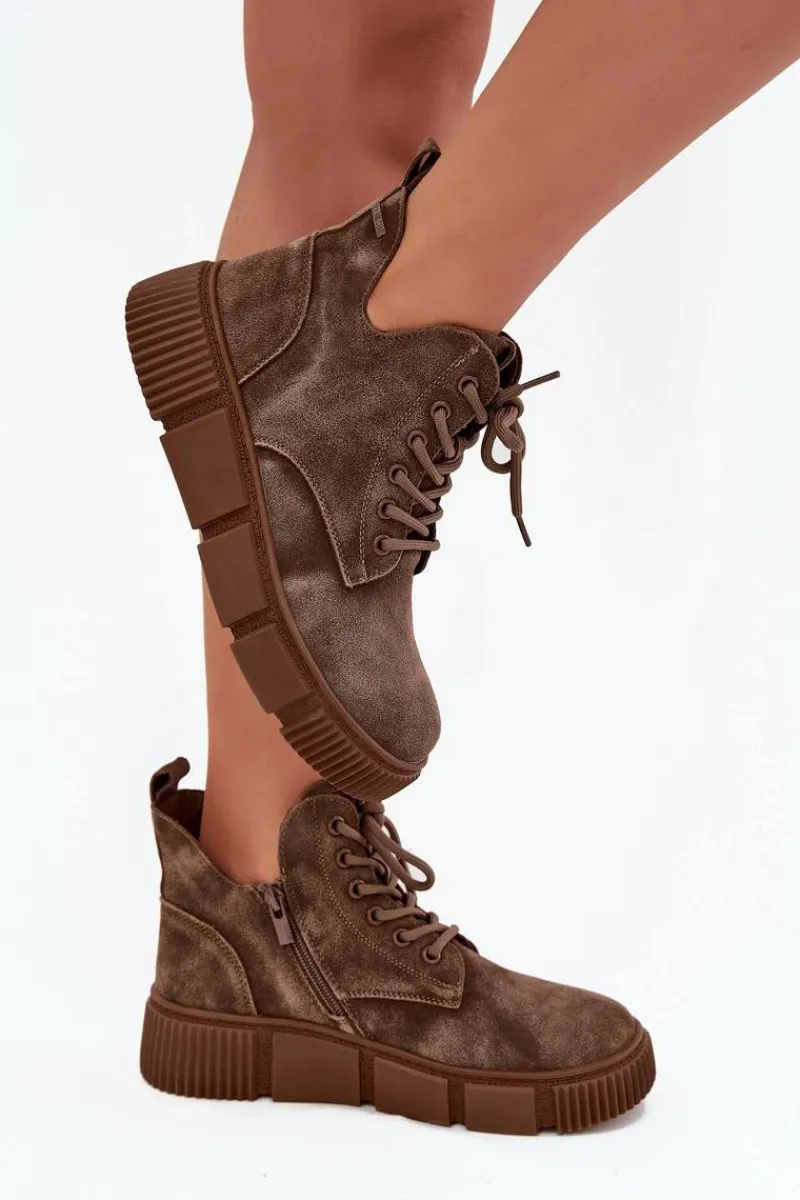 Botki Ocieplane|Damskie Trapery>Big Star Shoes Zamszowe Niskie Botki Damskie Na Platformie Big Star SS274594 Beżowe Beżowy