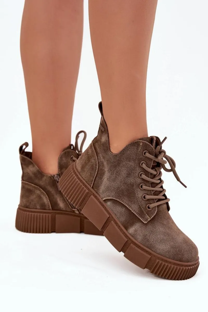 Botki Ocieplane|Damskie Trapery>Big Star Shoes Zamszowe Niskie Botki Damskie Na Platformie Big Star SS274594 Beżowe Beżowy