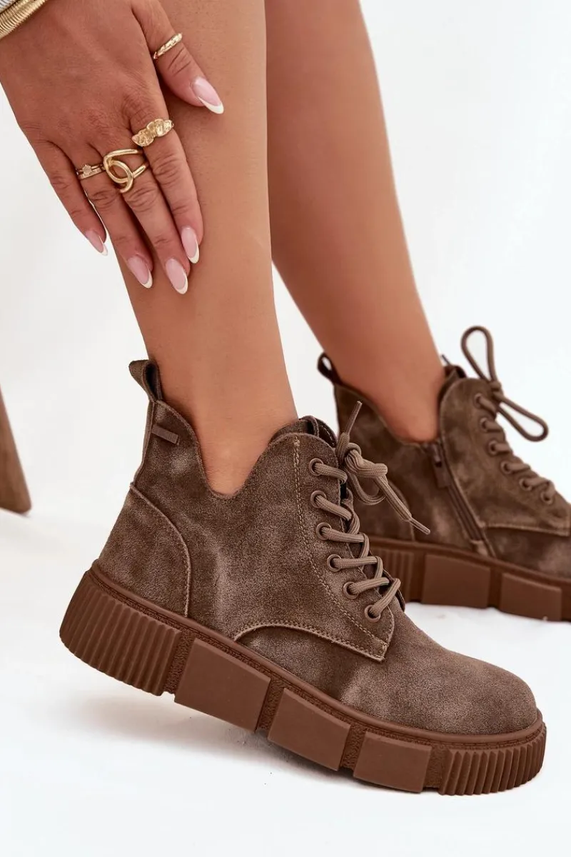 Botki Ocieplane|Damskie Trapery>Big Star Shoes Zamszowe Niskie Botki Damskie Na Platformie Big Star SS274594 Beżowe Beżowy