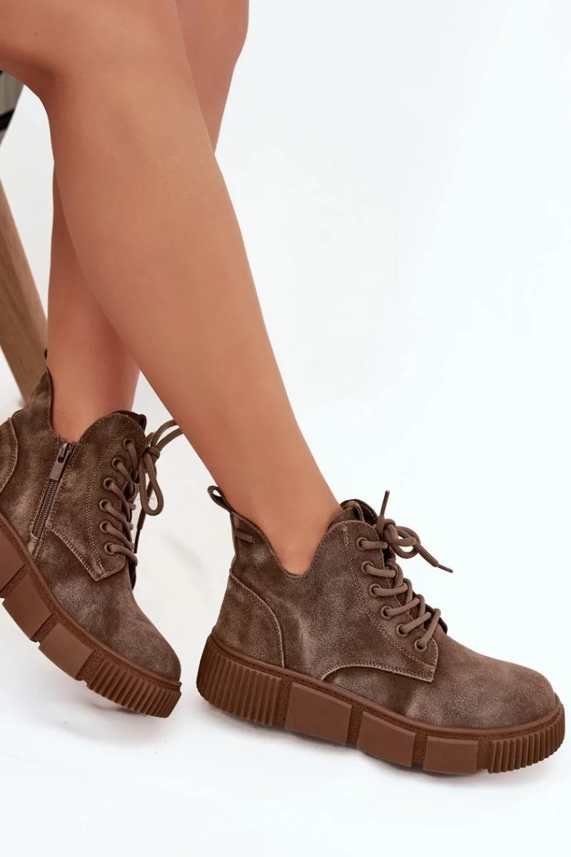 Botki Ocieplane|Damskie Trapery>Big Star Shoes Zamszowe Niskie Botki Damskie Na Platformie Big Star SS274594 Beżowe Beżowy