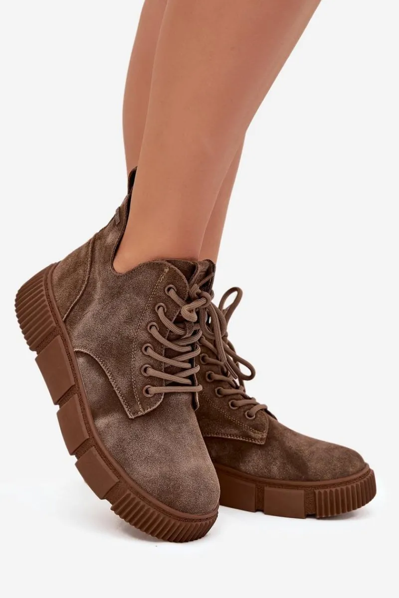 Botki Ocieplane|Damskie Trapery>Big Star Shoes Zamszowe Niskie Botki Damskie Na Platformie Big Star SS274594 Beżowe Beżowy