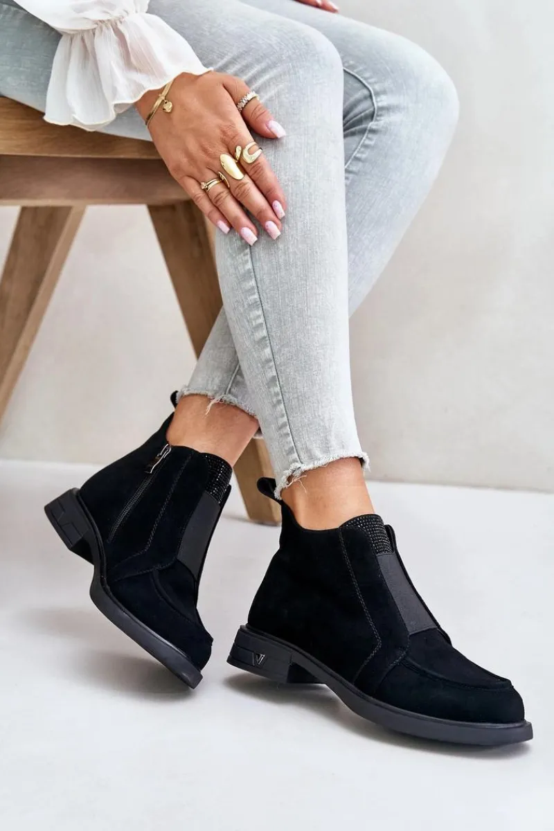 Botki Ocieplane|Botki Płaskie>Damskie buty S.Barski Zamszowe Niskie Botki Na Płaskim Obcasie Ocieplane D&A JC42-23 Czarne