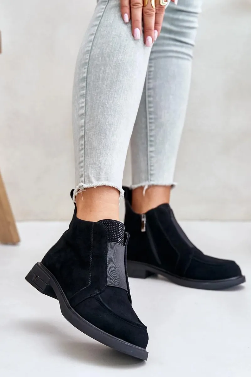 Botki Ocieplane|Botki Płaskie>Damskie buty S.Barski Zamszowe Niskie Botki Na Płaskim Obcasie Ocieplane D&A JC42-23 Czarne