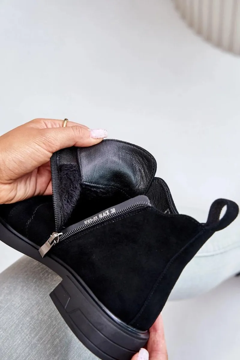 Botki Ocieplane|Botki Płaskie>Damskie buty S.Barski Zamszowe Niskie Botki Na Płaskim Obcasie Ocieplane D&A JC42-23 Czarne