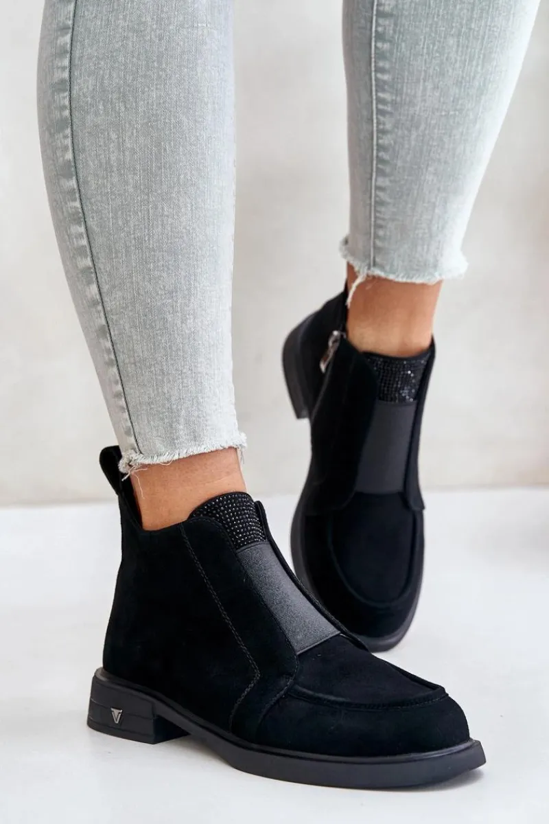 Botki Ocieplane|Botki Płaskie>Damskie buty S.Barski Zamszowe Niskie Botki Na Płaskim Obcasie Ocieplane D&A JC42-23 Czarne