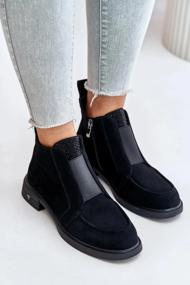 Botki Ocieplane|Botki Płaskie>Damskie buty S.Barski Zamszowe Niskie Botki Na Płaskim Obcasie Ocieplane D&A JC42-23 Czarne