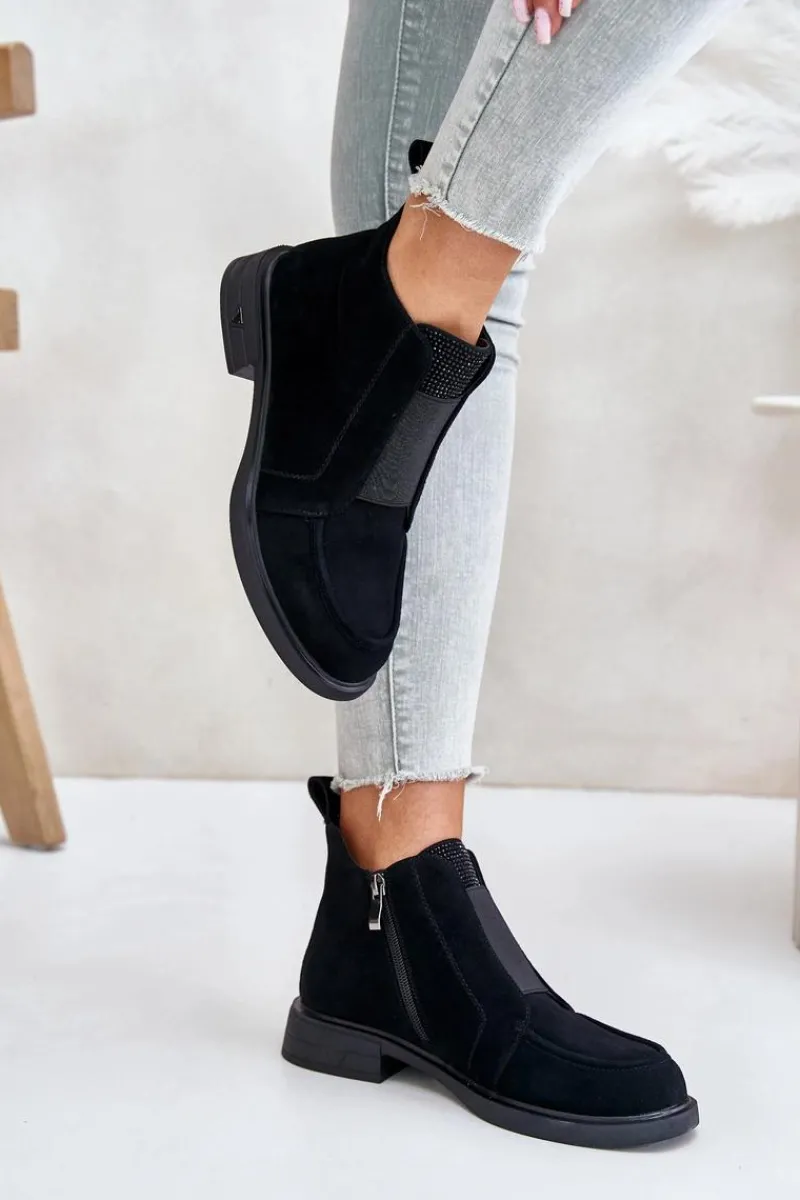 Botki Ocieplane|Botki Płaskie>Damskie buty S.Barski Zamszowe Niskie Botki Na Płaskim Obcasie Ocieplane D&A JC42-23 Czarne