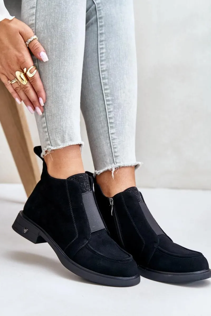 Botki Ocieplane|Botki Płaskie>Damskie buty S.Barski Zamszowe Niskie Botki Na Płaskim Obcasie Ocieplane D&A JC42-23 Czarne