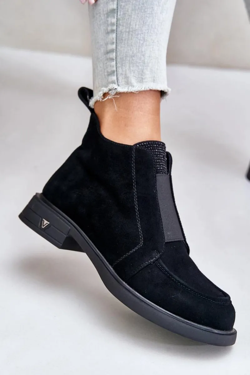 Botki Ocieplane|Botki Płaskie>Damskie buty S.Barski Zamszowe Niskie Botki Na Płaskim Obcasie Ocieplane D&A JC42-23 Czarne