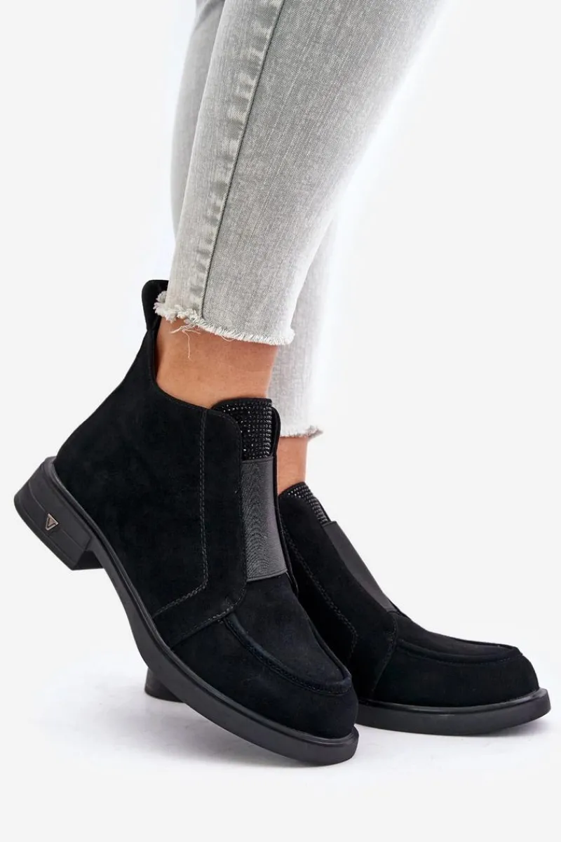 Botki Ocieplane|Botki Płaskie>Damskie buty S.Barski Zamszowe Niskie Botki Na Płaskim Obcasie Ocieplane D&A JC42-23 Czarne