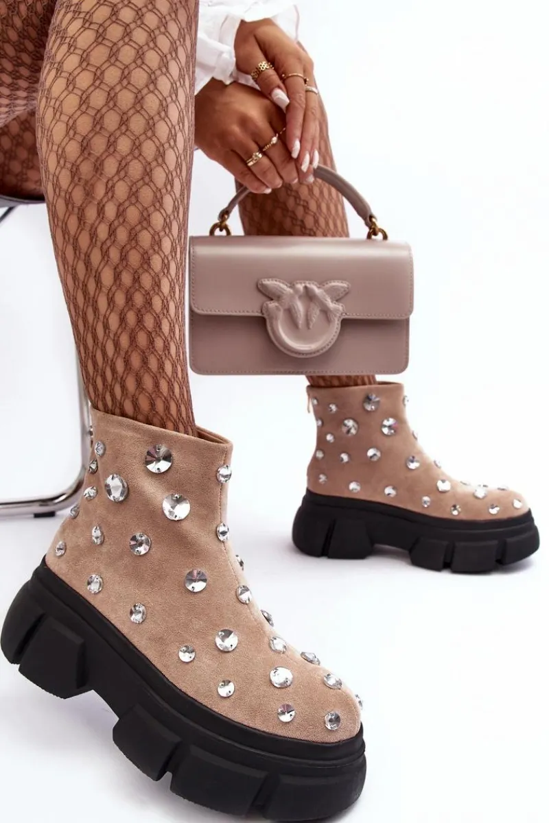 Botki Zimowe Damskie|Brązowe I Beżowe Botki>Damskie buty S.Barski Zamszowe Ocieplane Botki Z Kryształkami D&A MR870-83 Beżowe