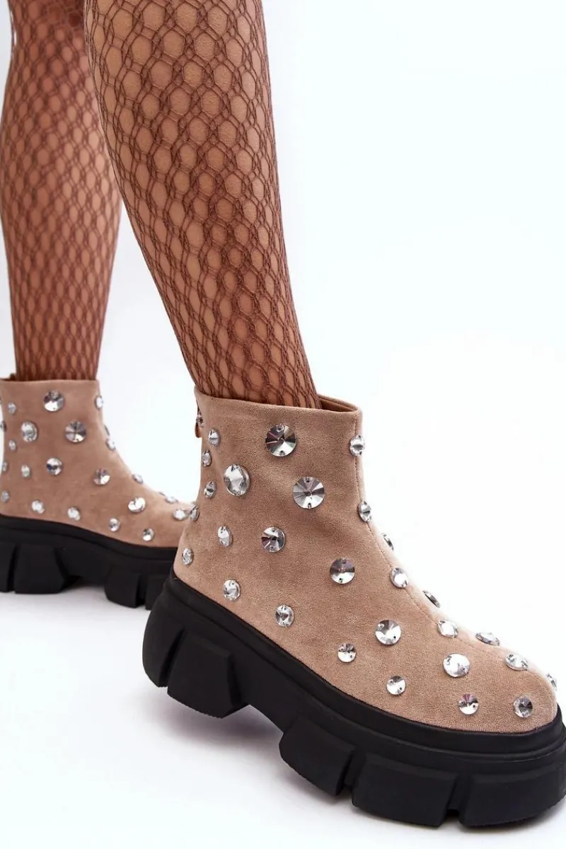 Botki Zimowe Damskie|Brązowe I Beżowe Botki>Damskie buty S.Barski Zamszowe Ocieplane Botki Z Kryształkami D&A MR870-83 Beżowe