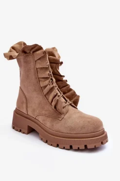 Best Zamszowe Ocieplane Botki Workery Na Płaskim Obcasie Beżowe Nacelle Damskie Botki Zimowe Damskie|Brązowe I Beżowe Botki