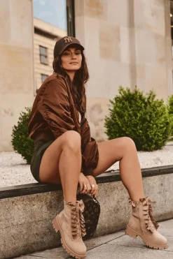 Best Zamszowe Ocieplane Botki Workery Na Płaskim Obcasie Beżowe Nacelle Damskie Botki Zimowe Damskie|Brązowe I Beżowe Botki