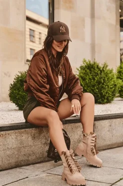 Best Zamszowe Ocieplane Botki Workery Na Płaskim Obcasie Beżowe Nacelle Damskie Botki Zimowe Damskie|Brązowe I Beżowe Botki