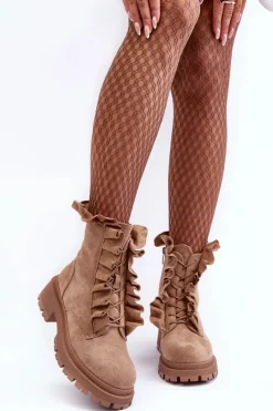 Best Zamszowe Ocieplane Botki Workery Na Płaskim Obcasie Beżowe Nacelle Damskie Botki Zimowe Damskie|Brązowe I Beżowe Botki