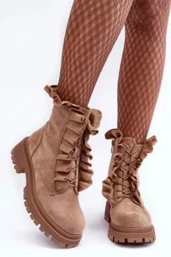 Best Zamszowe Ocieplane Botki Workery Na Płaskim Obcasie Beżowe Nacelle Damskie Botki Zimowe Damskie|Brązowe I Beżowe Botki