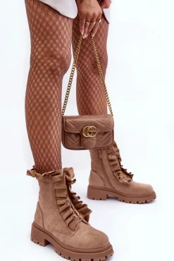 Best Zamszowe Ocieplane Botki Workery Na Płaskim Obcasie Beżowe Nacelle Damskie Botki Zimowe Damskie|Brązowe I Beżowe Botki