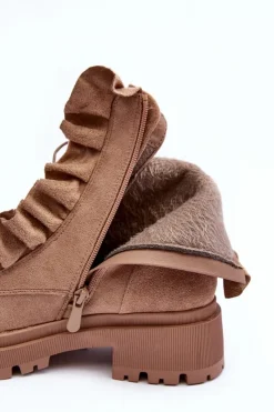 Best Zamszowe Ocieplane Botki Workery Na Płaskim Obcasie Beżowe Nacelle Damskie Botki Zimowe Damskie|Brązowe I Beżowe Botki