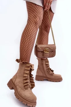 Best Zamszowe Ocieplane Botki Workery Na Płaskim Obcasie Beżowe Nacelle Damskie Botki Zimowe Damskie|Brązowe I Beżowe Botki