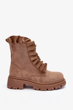 Best Zamszowe Ocieplane Botki Workery Na Płaskim Obcasie Beżowe Nacelle Damskie Botki Zimowe Damskie|Brązowe I Beżowe Botki