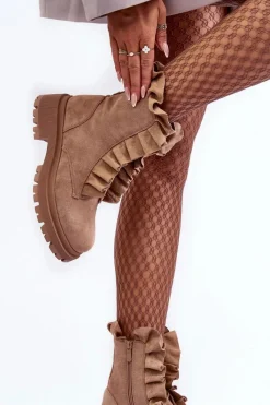 Best Zamszowe Ocieplane Botki Workery Na Płaskim Obcasie Beżowe Nacelle Damskie Botki Zimowe Damskie|Brązowe I Beżowe Botki