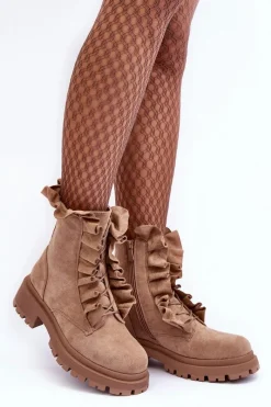 Best Zamszowe Ocieplane Botki Workery Na Płaskim Obcasie Beżowe Nacelle Damskie Botki Zimowe Damskie|Brązowe I Beżowe Botki