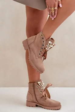 New Boto Zamszowe Ocieplane Botki Z Perełkami I Wstążką Beżowe Perla