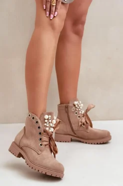 New Boto Zamszowe Ocieplane Botki Z Perełkami I Wstążką Beżowe Perla