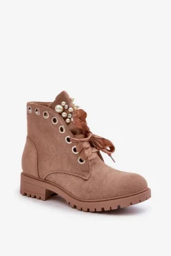 New Boto Zamszowe Ocieplane Botki Z Perełkami I Wstążką Beżowe Perla