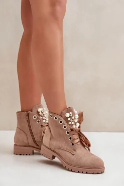 New Boto Zamszowe Ocieplane Botki Z Perełkami I Wstążką Beżowe Perla