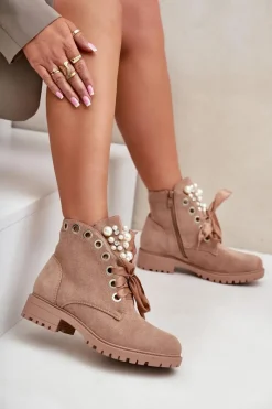 New Boto Zamszowe Ocieplane Botki Z Perełkami I Wstążką Beżowe Perla