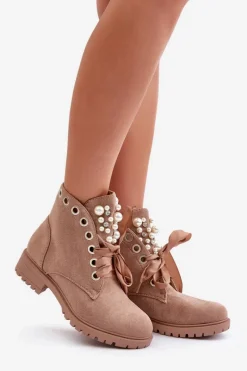 New Boto Zamszowe Ocieplane Botki Z Perełkami I Wstążką Beżowe Perla