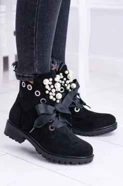 Clearance Zamszowe Ocieplane Botki Z Perełkami I Wstążką Czarne Perla Damskie Botki Ocieplane|Botki Sznurowane