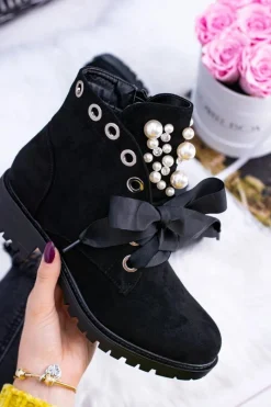 Clearance Zamszowe Ocieplane Botki Z Perełkami I Wstążką Czarne Perla Damskie Botki Ocieplane|Botki Sznurowane