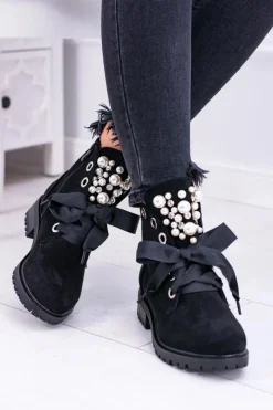 Clearance Zamszowe Ocieplane Botki Z Perełkami I Wstążką Czarne Perla Damskie Botki Ocieplane|Botki Sznurowane
