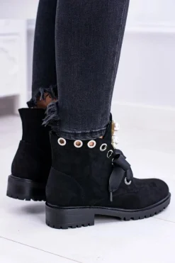 Clearance Zamszowe Ocieplane Botki Z Perełkami I Wstążką Czarne Perla Damskie Botki Ocieplane|Botki Sznurowane