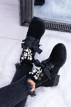 Clearance Zamszowe Ocieplane Botki Z Perełkami I Wstążką Czarne Perla Damskie Botki Ocieplane|Botki Sznurowane