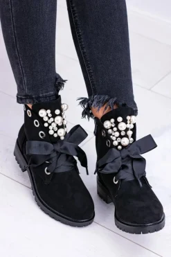 Clearance Zamszowe Ocieplane Botki Z Perełkami I Wstążką Czarne Perla Damskie Botki Ocieplane|Botki Sznurowane