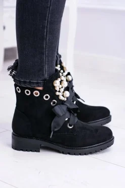 Clearance Zamszowe Ocieplane Botki Z Perełkami I Wstążką Czarne Perla Damskie Botki Ocieplane|Botki Sznurowane
