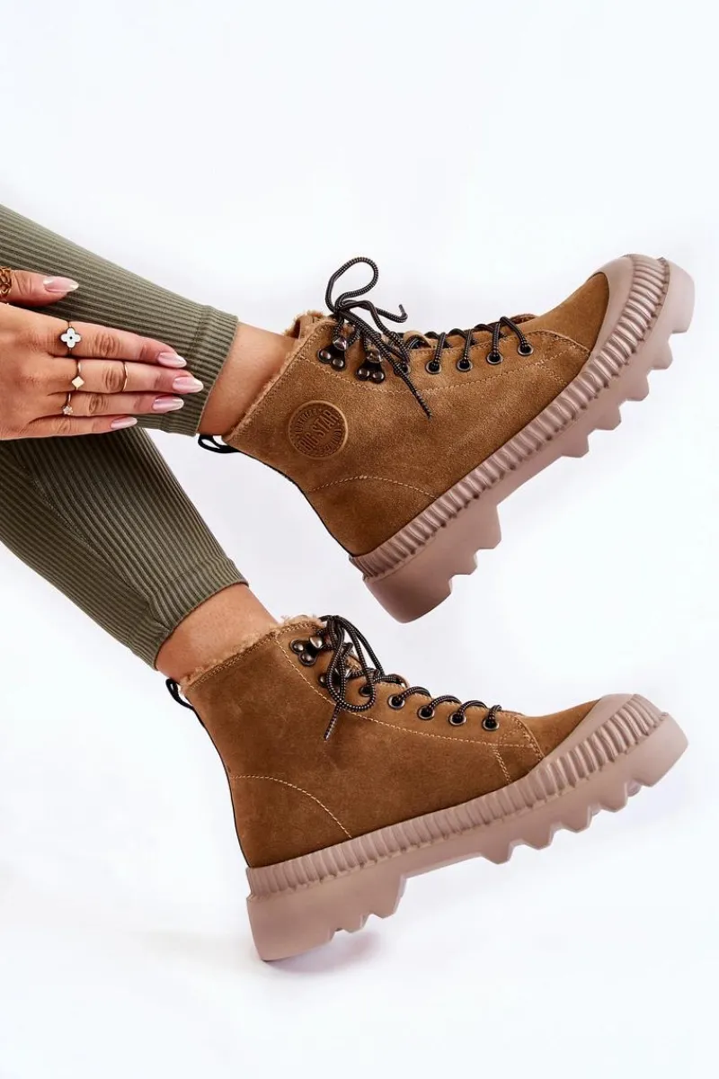 Big Star Shoes Zamszowe Ocieplane Botki Trapery Big Star KK274521 Beżowe