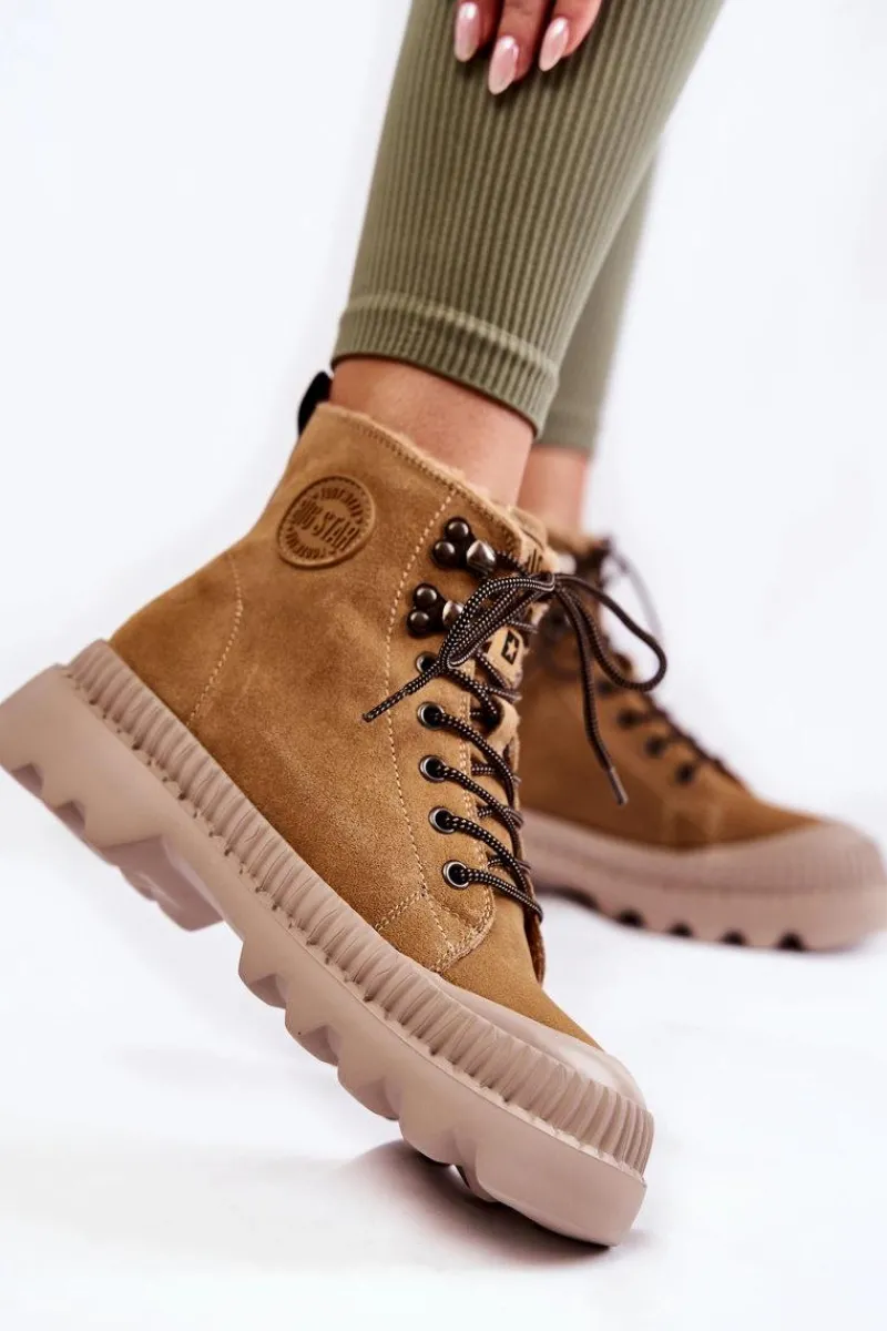 Big Star Shoes Zamszowe Ocieplane Botki Trapery Big Star KK274521 Beżowe