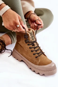 Big Star Shoes Zamszowe Ocieplane Botki Trapery Big Star KK274521 Beżowe
