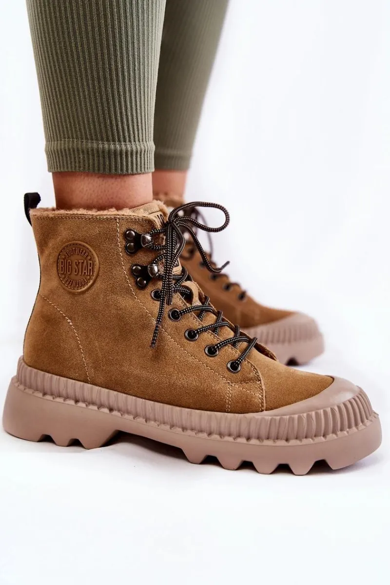 Big Star Shoes Zamszowe Ocieplane Botki Trapery Big Star KK274521 Beżowe