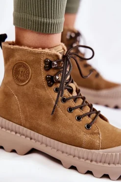 Big Star Shoes Zamszowe Ocieplane Botki Trapery Big Star KK274521 Beżowe
