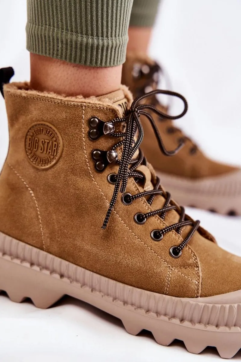 Big Star Shoes Zamszowe Ocieplane Botki Trapery Big Star KK274521 Beżowe