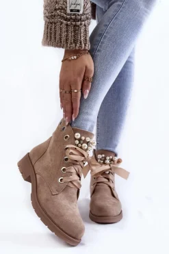 Zamszowe Ocieplane Botki Na Suwak Z Perłami Ciemnobeżowe Raiso Damskie Botki Sznurowane|Botki Zimowe Damskie