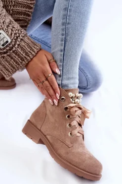 Zamszowe Ocieplane Botki Na Suwak Z Perłami Ciemnobeżowe Raiso Damskie Botki Sznurowane|Botki Zimowe Damskie