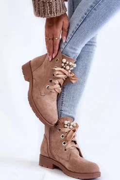 Zamszowe Ocieplane Botki Na Suwak Z Perłami Ciemnobeżowe Raiso Damskie Botki Sznurowane|Botki Zimowe Damskie